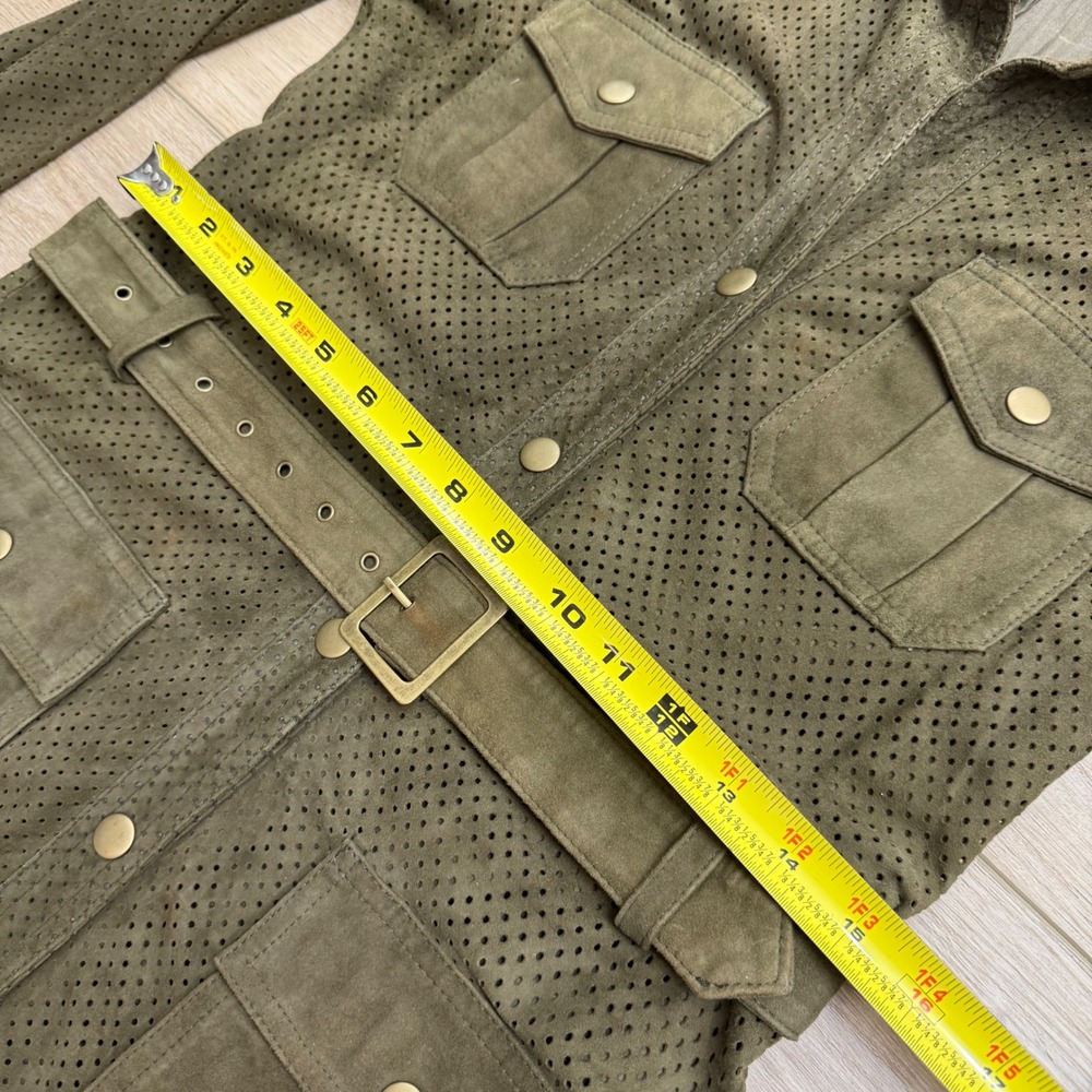 Haute Hippie Suede Leather Shirt Dress Olive Green Perforated Belted Utility - Picture 15 of 16